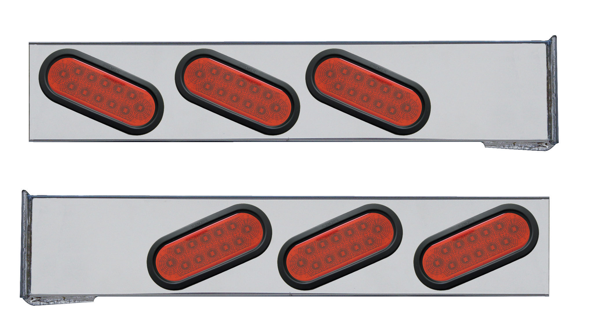 (2/Bulk) Stainless Steel 2 Pcs. Rear Lt Bar W/ 6 Slanted 12 Led Oval Red Lens Reflector Lt W/ Grommet - 4 Hole Flange Mount