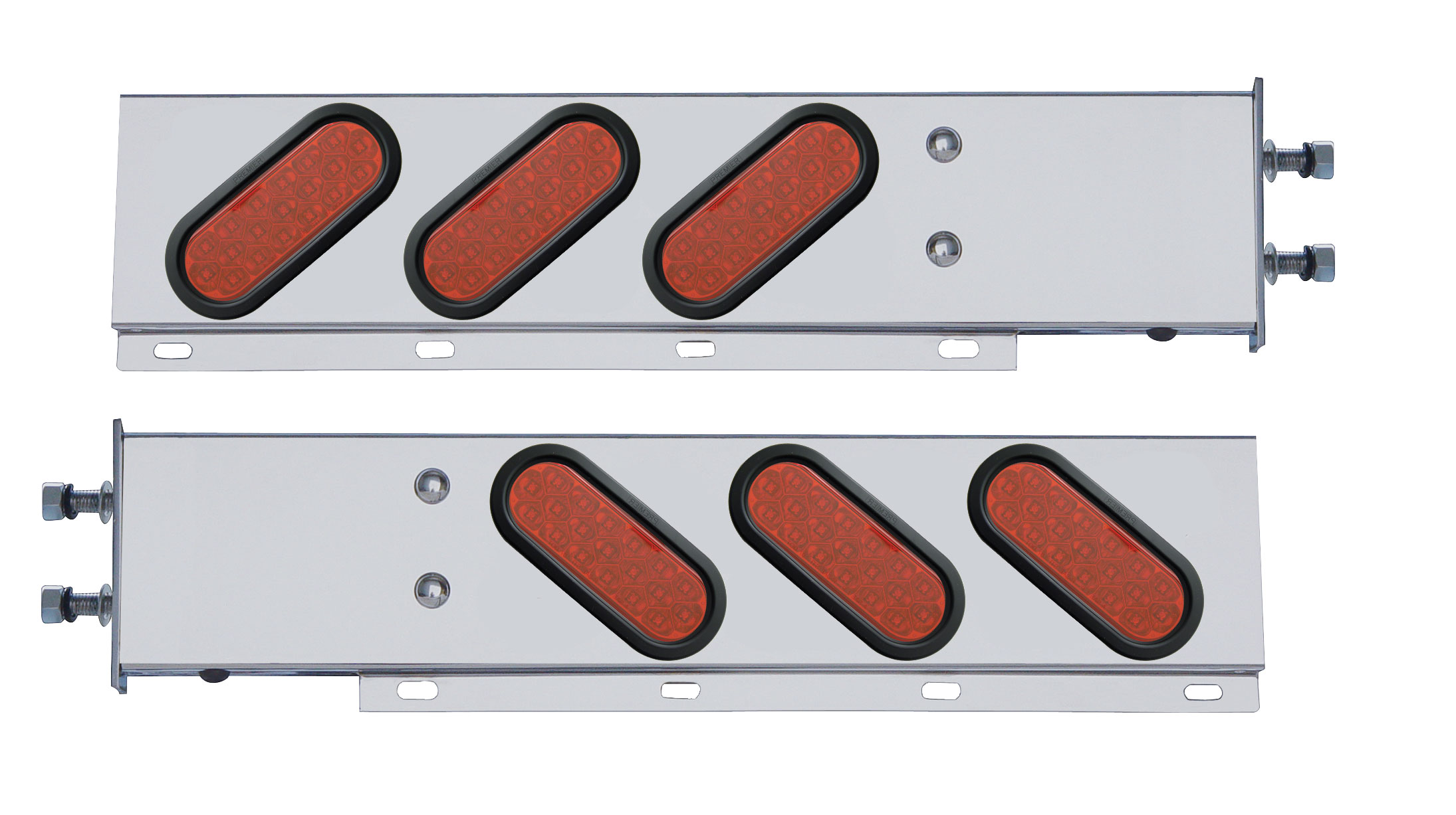 (2/Bulk) Stainless Steel Spring Loaded Rear Lt Bar W/ 6 Slanted Down 19 Red Led Oval Red Lens Lt W/ Grommet - 3 3/4" B.P.