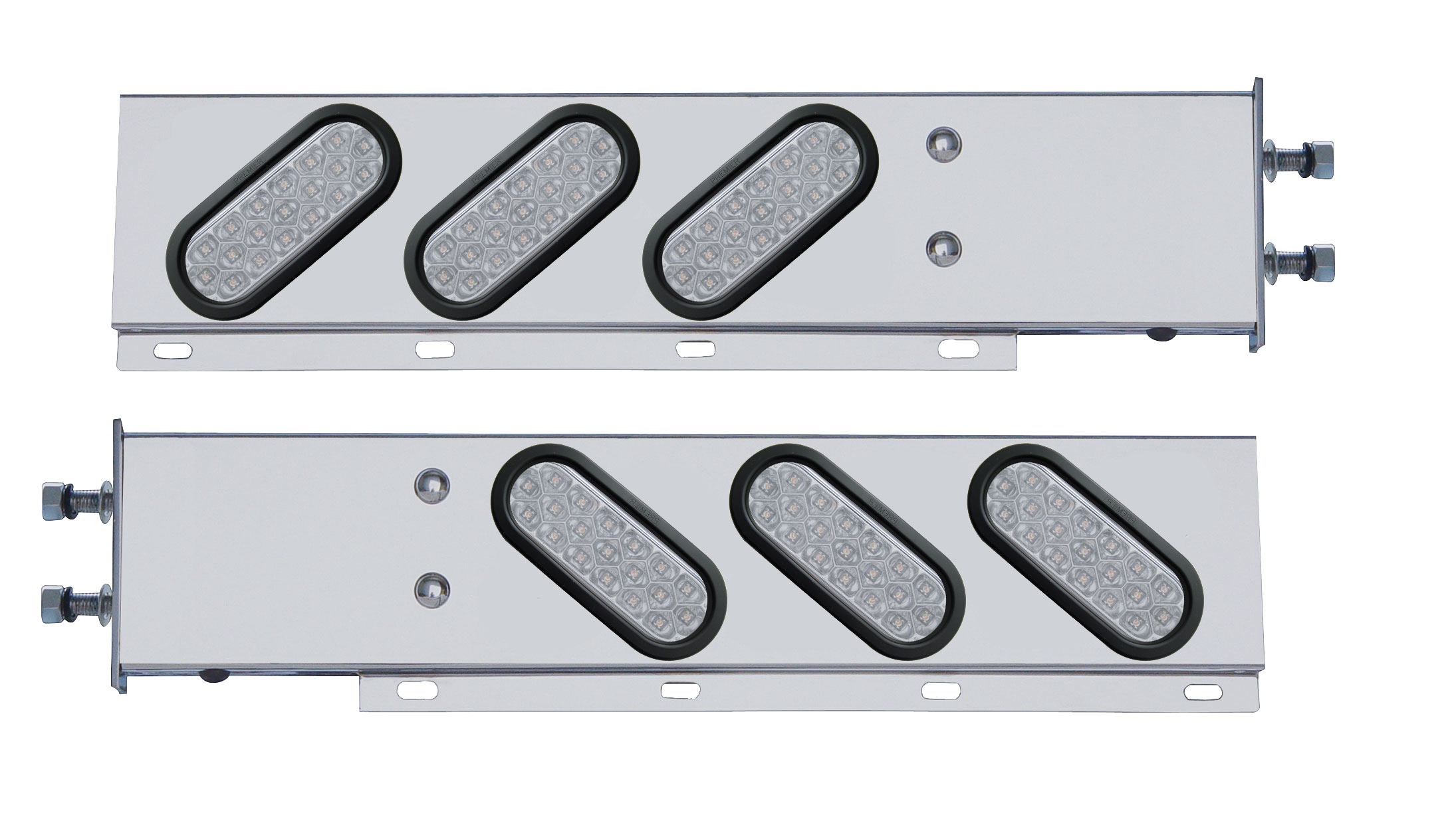 (2/Bulk) Stainless Steel Spring Loaded Rear Lt Bar W/ 6 Slanted Down 19 Red Led Oval Clear Lens Lt W/ Grommet - 3 3/4" B.P.