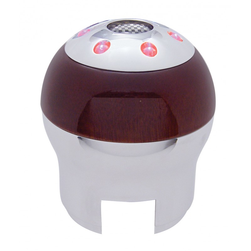 *Closeout* Chrome Aluminum 9/10 Speed "D" Shape 6 Led Gearshift Knob W/ Wood Accent - Red
