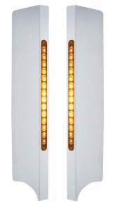 (2/Box) Stainless Steel Peterbilt 379 Side Grill Deflector W/ Two 14 Led 12" Light Bars - Amber Led/Amber Lens