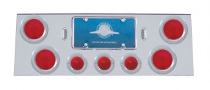 Deluxe Stainless Steel Rear Center Light Panel W/ Four 4" & Three 2 1/2" Incandescent Beehive Light W/ Bezel - Red Lens