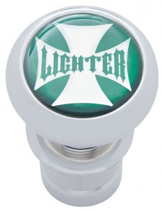 Chrome Aluminum Deluxe Cigarette Lighter W/ Glossy "Lighter" Maltese Cross Sticker - Green