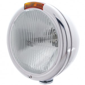 Stainless Steel "Classic" Peterbilt H4 Halogen Headlight W/ Incandescent Signal Light - Amber