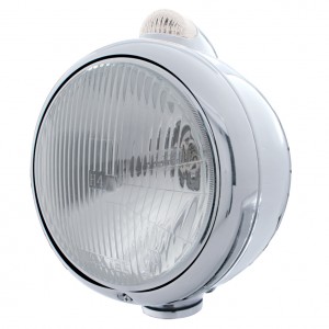 Stainless Steel "Guide" Peterbilt H4 Halogen Headlight W/ 5 Amber Led Top Mount Light - Clear Lens