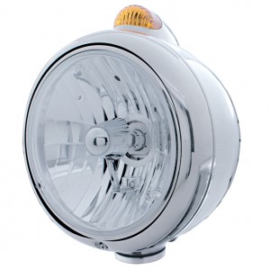 Stainless Steel "Guide" Peterbilt Crystal H4 Halogen Headlight W/ 5 Amber Led Top Mount Light - Amber Lens