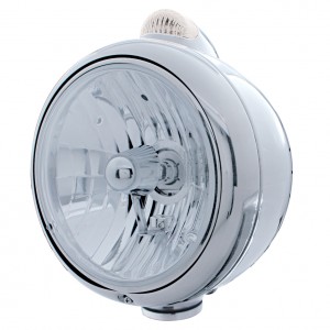 Stainless Steel "Guide" Peterbilt Crystal H4 Halogen Headlight W/ 5 Amber Led Top Mount Light - Clear Lens