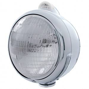 Chrome "Guide" Peterbilt 6014 Sealed Beam Headlight W/ 5 Amber Led Top Mount Light - Clear Lens