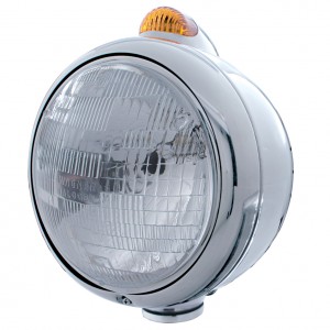 Chrome "Guide" Peterbilt H6024 Halogen Headlight W/ 5 Amber Led Top Mount Light - Amber Lens