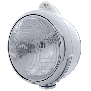 Chrome "Guide" Peterbilt H6024 Halogen Headlight W/ 5 Amber Led Top Mount Light - Clear Lens