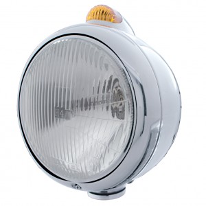 Chrome "Guide" Peterbilt H4 Halogen Headlight W/ 5 Amber Led Top Mount Light - Amber Lens