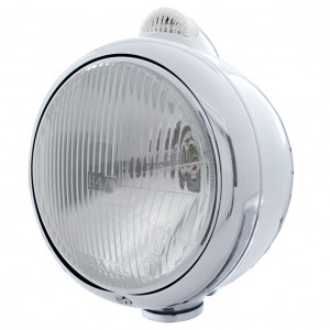 Chrome "Guide" Peterbilt H4 Halogen Headlight W/ 5 Amber Led Top Mount Light - Clear Lens