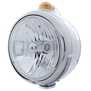 Chrome "Guide" Peterbilt Crystal H4 Halogen Headlight W/ 5 Amber Led Top Mount Light - Amber Lens