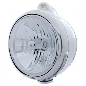 Chrome "Guide" Peterbilt Crystal H4 Halogen Headlight W/ 5 Amber Led Top Mount Light - Clear Lens