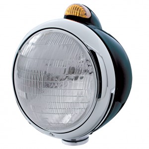 Black "Guide" Peterbilt 6014 Sealed Beam Headlight W/ 5 Amber Led Top Mount Light - Amber Lens