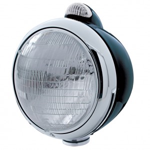 Black "Guide" Peterbilt 6014 Sealed Beam Headlight W/ 5 Amber Led Top Mount Light - Clear Lens