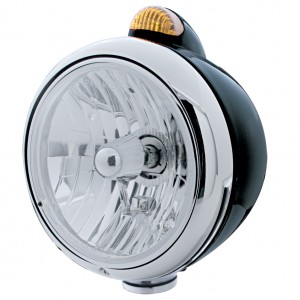 Black "Guide" Peterbilt Crystal H4 Halogen Headlight W/ 5 Amber Led Top Mount Light - Amber Lens