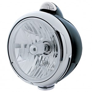 Black "Guide" Peterbilt Crystal H4 Halogen Headlight W/ 5 Amber Led Top Mount Light - Clear Lens