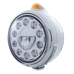 Stainless Steel "Guide" Peterbilt 11 High Power Led Crystal Headlight W/ 5 Amber Led Dual Function Top Mount Light - Amber Lens