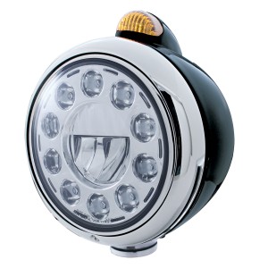 Black "Guide" Peterbilt 11 High Power Led Crystal Headlight W/ 5 Amber Led Dual Function Top Mount Light - Amber Lens
