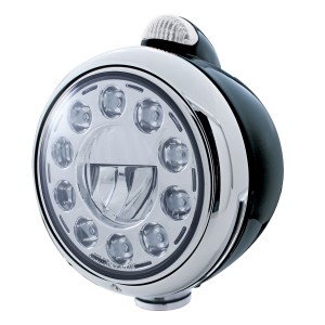 Black "Guide" Peterbilt 11 High Power Led Crystal Headlight W/ 5 Amber Led Dual Function Top Mount Light - Clear Lens