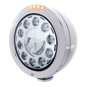 Stainless Steel "Bullet" Peterbilt 11 High Power Led Crystal Headlight W/ 4 Amb Led Dual Function Signal Light - Clear Lens