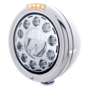Stainless Steel "Classic" Peterbilt 11 High Power Led Crystal Headlight W/ 4 Amber Led Signal Light - Clear Lens