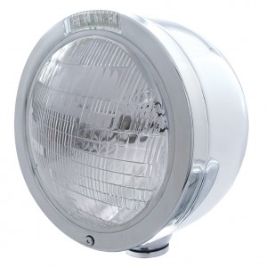 Stainless Steel "Bullet" Half-Moon Peterbilt 6014 Sealed Beam Headlight W/ 4 Amber Led Signal Light - Clear Lens