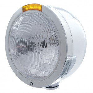 Stainless Steel "Bullet" Half-Moon Peterbilt H6024 Halogen Headlight W/ 4 Amber Led Signal Light - Amber Lens