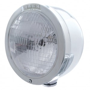 Stainless Steel "Bullet" Half-Moon Peterbilt H6024 Halogen Headlight W/ 4 Amber Led Signal Light - Clear Lens