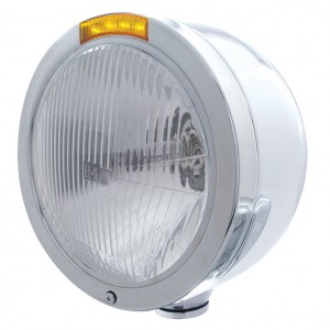 Stainless Steel "Bullet" Half-Moon Peterbilt H4 Halogen Headlight W/ 4 Amber Led Signal Light - Amber Lens