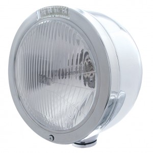 Stainless Steel "Bullet" Half-Moon Peterbilt H4 Halogen Headlight W/ 4 Amber Led Signal Light - Clear Lens