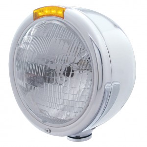 Stainless Steel "Classic" Half-Moon Peterbilt H6024 Halogen Headlight W/ 4 Amber Led Signal Light - Amber Lens
