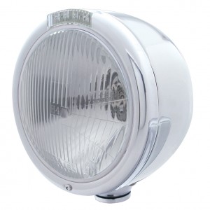 Stainless Steel "Classic" Half-Moon Peterbilt H4 Halogen Headlight W/ 4 Amber Led Signal Light - Clear Lens