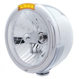 Stainless Steel "Classic" Half-Moon Peterbilt Crystal H4 Halogen Headlight W/ 4 Amber Led Signal Light - Amber Lens