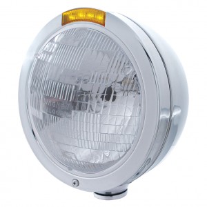 Stainless Steel "Bullet" Peterbilt H6024 Halogen Headlight W/ 4 Amber Led Signal Light - Amber Lens
