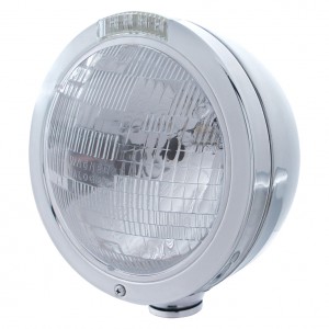Stainless Steel "Bullet" Peterbilt H6024 Halogen Headlight W/ 4 Amber Led Signal Light - Clear Lens