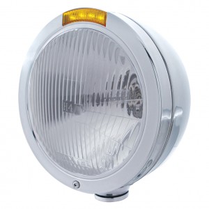 Stainless Steel "Bullet" Peterbilt H4 Halogen Headlight W/ 4 Amber Led Signal Light - Amber Lens