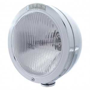 Stainless Steel "Bullet" Peterbilt H4 Halogen Headlight W/ 4 Amber Led Signal Light - Clear Lens