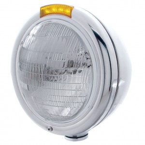 Stainless Steel "Classic" Peterbilt 6014 Sealed Beam Headlight W/ 4 Amber Led Signal Light - Amber Lens