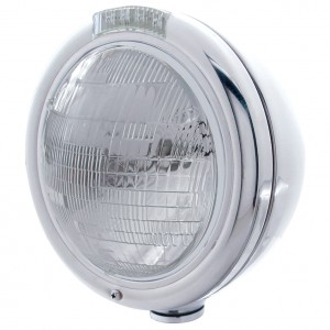Stainless Steel "Classic" Peterbilt 6014 Sealed Beam Headlight W/ 4 Amber Led Signal Light - Clear Lens