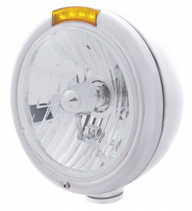 Stainless Steel "Classic" Peterbilt Crystal H4 Halogen Headlight W/ 4 Amber Led Signal Light - Amber Lens