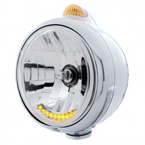 Chrome "Guide" Headlight W/ Amber Single Function Top Mount Light - 10 Amber Led Crystal Halogen