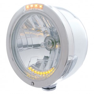 Stainless Steel Peterbilt "Bullet" Half-Moon Peterbilt Headlight W/ Amber/Clear Dual Function Signal Lt - 10 Amb Led Crystal Halogen