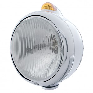 Stainless Steel "Guide" H4 Halogen Headlight With 5 Amber Led Dual Function Top Mount Light - Amber Lens