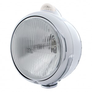 Stainless Steel "Guide" H4 Halogen Headlight With 5 Amber Led Dual Function Top Mount Light - Clear Lens