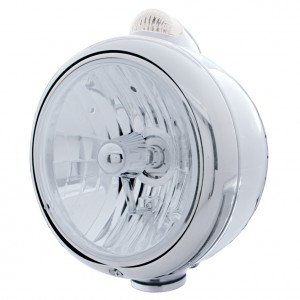 Stainless Steel "Guide" Crystal H4 Halogen Headlight With 5 Amber Led Dual Function Top Mount Light - Clear Lens