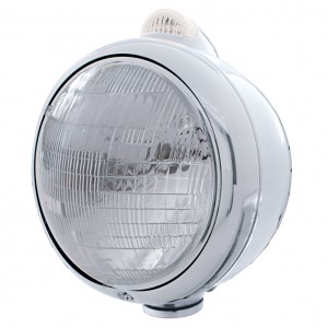Chrome "Guide" 6014 Sealed Beam Headlight With 5 Amber Led Dual Function Top Mount Light - Clear Lens