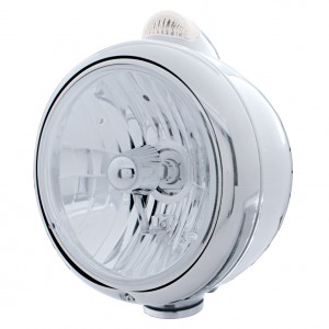 Chrome "Guide" Crystal H4 Halogen Headlight With 5 Amber Led Dual Function Top Mount Light - Clear Lens