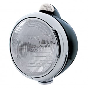 Black "Guide" 6014 Sealed Beam Headlight With 5 Amber Led Dual Function Top Mount Light - Clear Lens